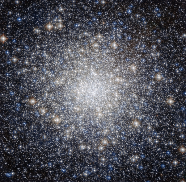 This striking new NASA/ESA Hubble Space Telescope image shows a glittering bauble named Messier 92. Located in the northern constellation of Hercules, this globular cluster — a ball of stars that orbits a galactic core like a satellite — was first discovered by astronomer Johann Elert Bode in 1777. Messier 92 is one of the brightest globular clusters in the Milky Way, and is visible to the naked eye under good observing conditions. It is very tightly packed with stars, containing some 330 000 stars in total. As is characteristic of globular clusters, the predominant elements within Messier 92 are hydrogen and helium, with only traces of others. It is actually what is known as an Oosterhoff type II (OoII) globular cluster, meaning that it belongs to a group of metal-poor clusters — to astronomers, metals are all elements heavier than hydrogen and helium. By exploring the composition of globulars like Messier 92, astronomers can figure out how old these clusters are. As well as being bright, Messier 92 is also old, being one of the oldest star clusters in the Milky Way, with an age almost the same as the age of the Universe. A version of this image was entered into the Hubble’s Hidden Treasures image processing competition by contestant Gilles Chapdelaine. Links Gilles Chapdelaine’s Hidden Treasures entry on Flickr